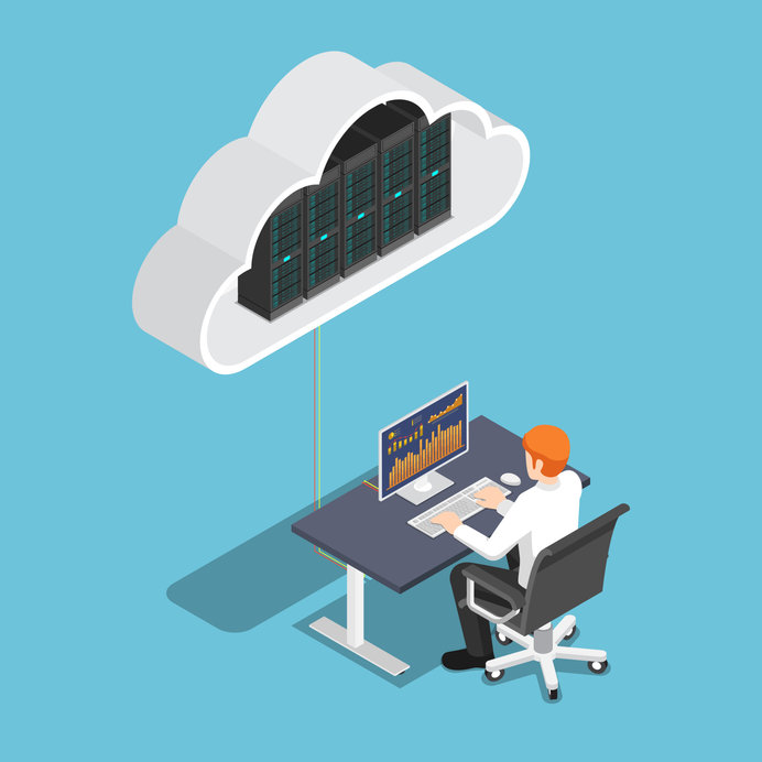 Isometric businessman working on desktop pc and uploading to clo